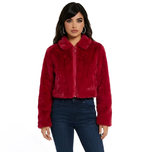 Sugar Thrillz Jackets & Blazers - Sugar Thrillz Dolls Kill Red Faux Fur Cropped Jacket Heart Zipper AST20069 Small